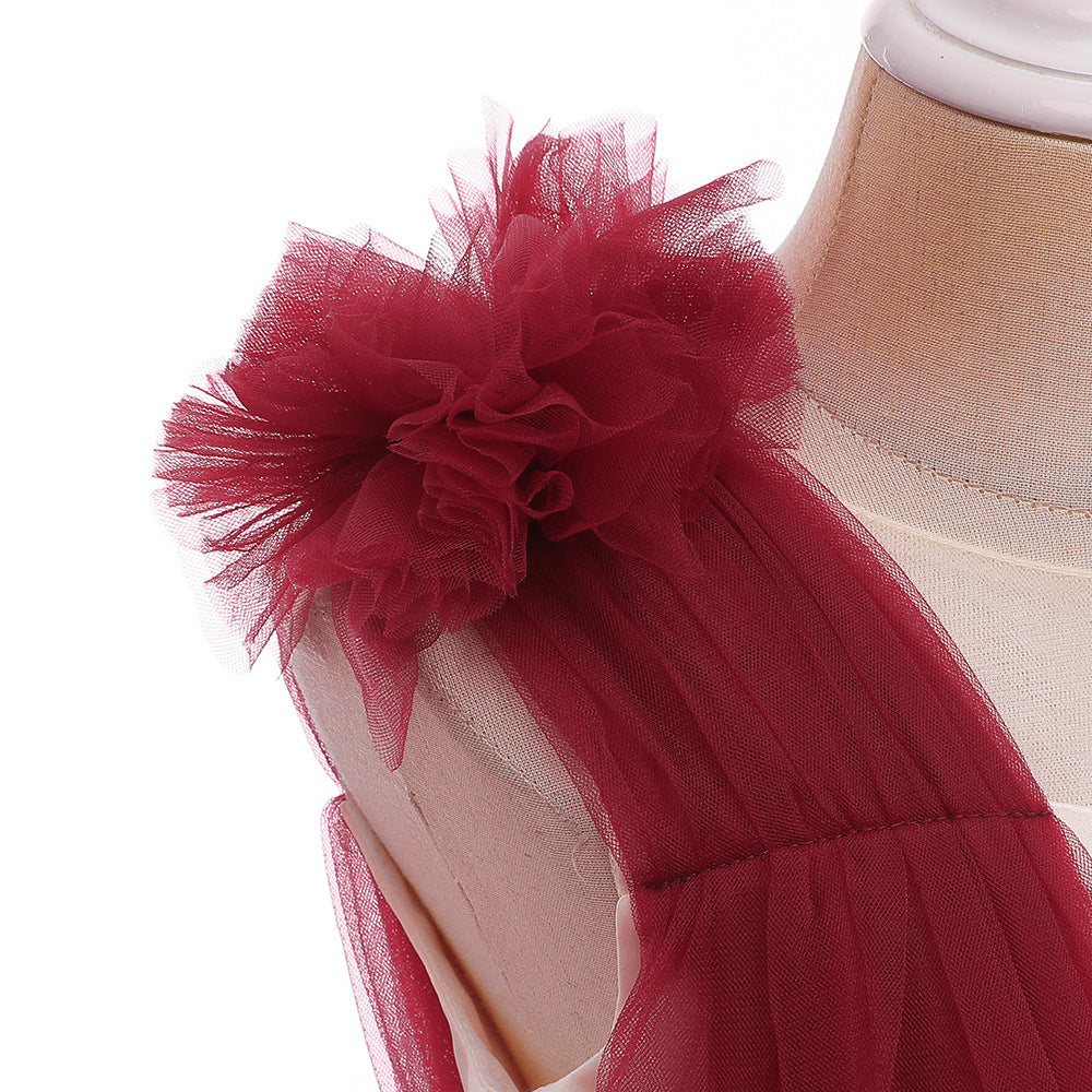 Burgundy A-Line Bow Mini Dress for Girls – Tulle Flower Girl Party Dress