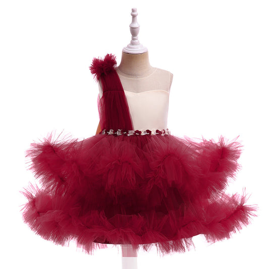 Burgundy A-Line Bow Mini Dress for Girls – Tulle Flower Girl Party Dress