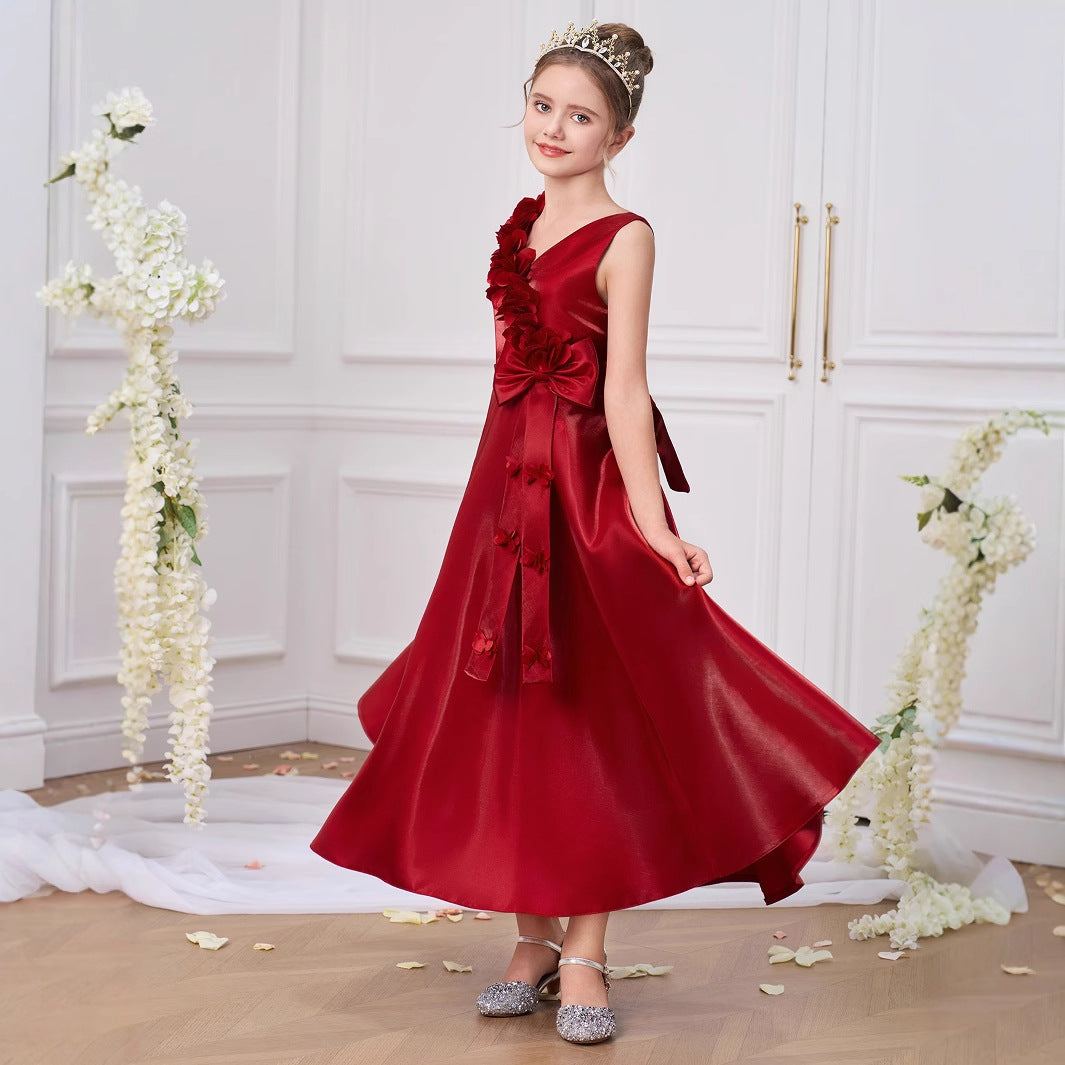 Burgundy V-Neck A-Line Maxi Girls Dress with Bowknot – Girls Occasionwear 5-13Y