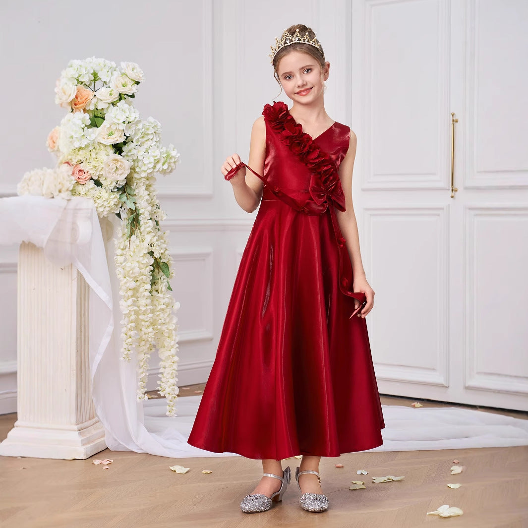 Burgundy V-Neck A-Line Maxi Girls Dress with Bowknot – Girls Occasionwear 5-13Y