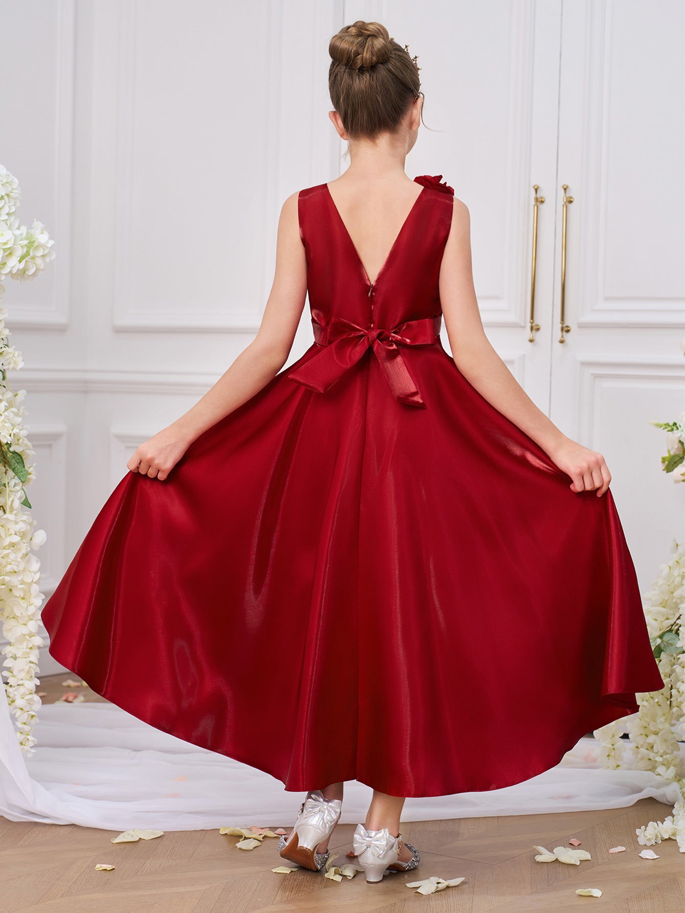 Burgundy V-Neck A-Line Maxi Girls Dress with Bowknot – Girls Occasionwear 5-13Y