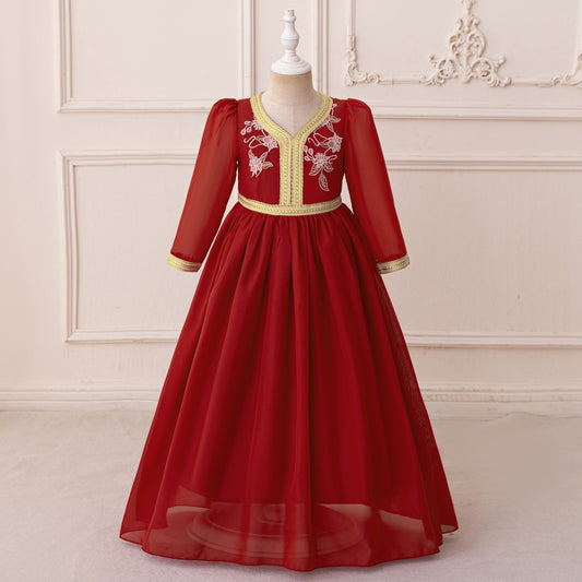 Burgundy Embroidered Long Sleeve Maxi Tulle Dress for Girls | Party & Wedding