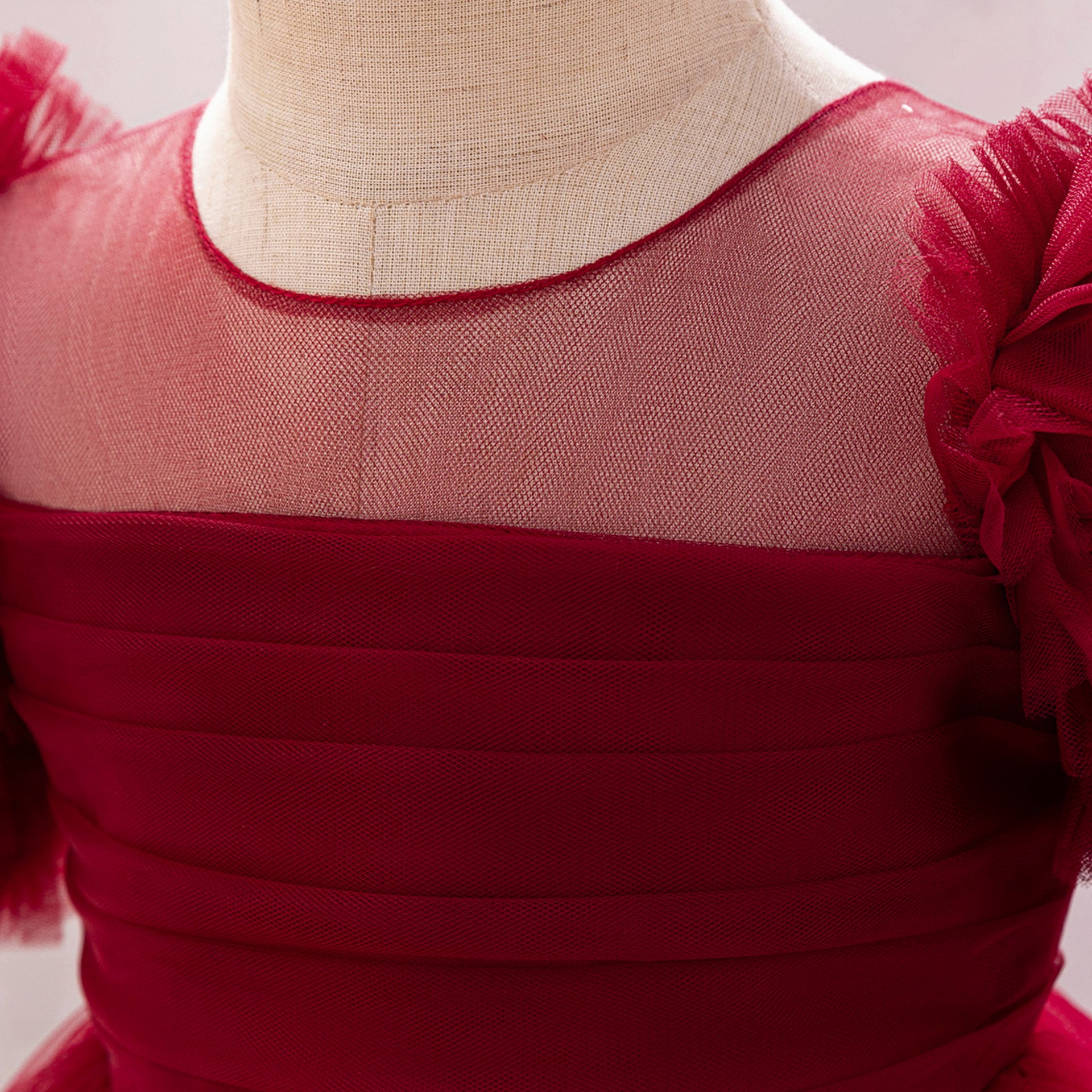 Burgundy Puffy Tulle High-Low Dress with Train for Girls | Pleated Ball Gown for Parties & Weddings
