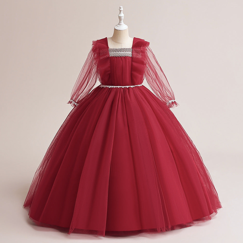 Burgundy Tulle Maxi Princess Dress for Girls, Square Neck, A-Line