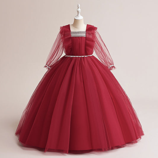 Burgundy Tulle Maxi Princess Dress for Girls, Square Neck, A-Line