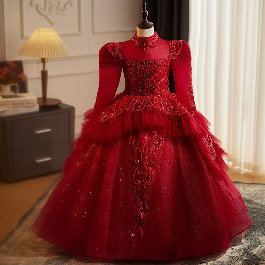 Girl's Burgundy A-Line Maxi Mesh Dress with Sequins & Bowknot | Party & Wedding