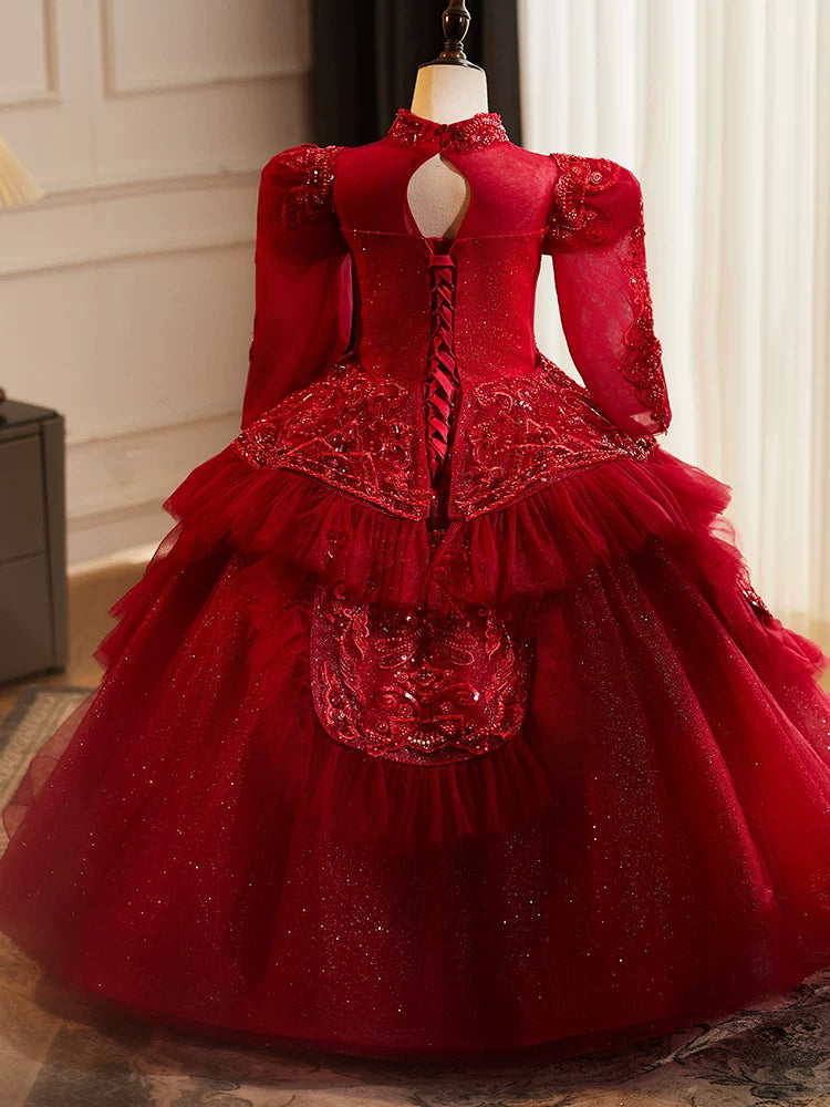 Girl's Burgundy A-Line Maxi Mesh Dress with Sequins & Bowknot | Party & Wedding