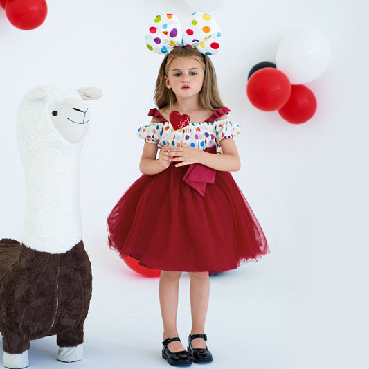 Burgundy Off-Shoulder Tulle Dress for Girls with Bowknot – Party & Wedding