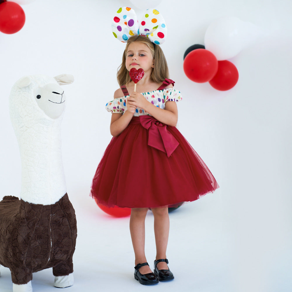 Burgundy Off-Shoulder Tulle Dress for Girls with Bowknot – Party & Wedding