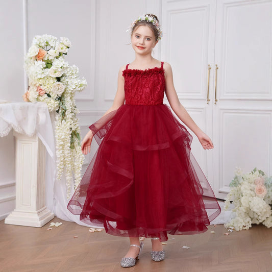 Burgundy Off Shoulder Princess Flower Girl Dress, Tea Length Tulle Lace for 5-13 Years