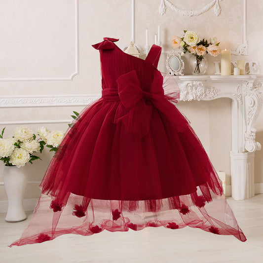 Burgundy Off-Shoulder Flower Girl Dress with Train – Cute Tulle Princess Gown for Parties & Weddings