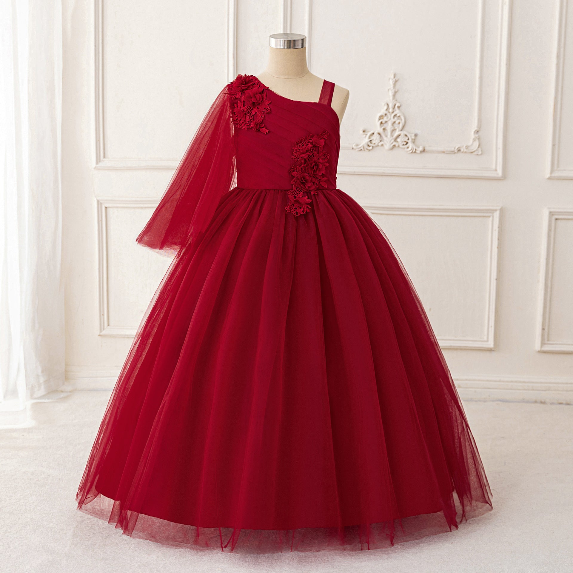 Burgundy Off-Shoulder Tulle Maxi Flower Girl Dress for Parties & Weddings