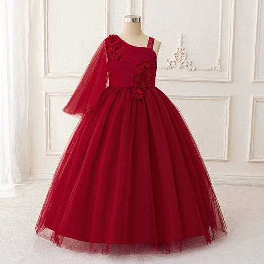 Burgundy Off-Shoulder Tulle Maxi Flower Girl Dress for Parties & Weddings