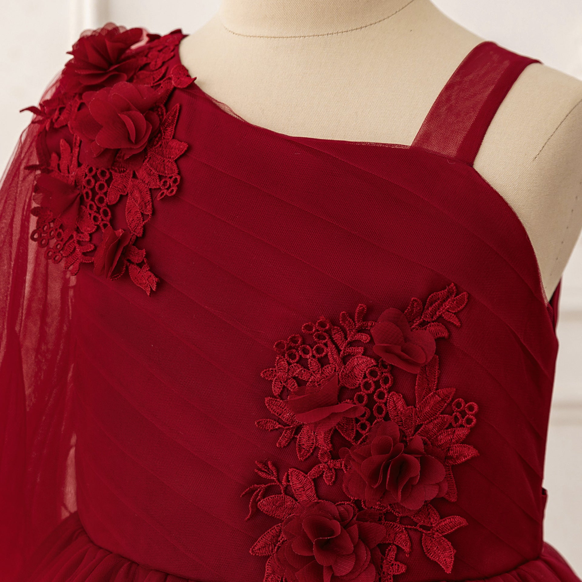Burgundy Off-Shoulder Tulle Maxi Flower Girl Dress for Parties & Weddings
