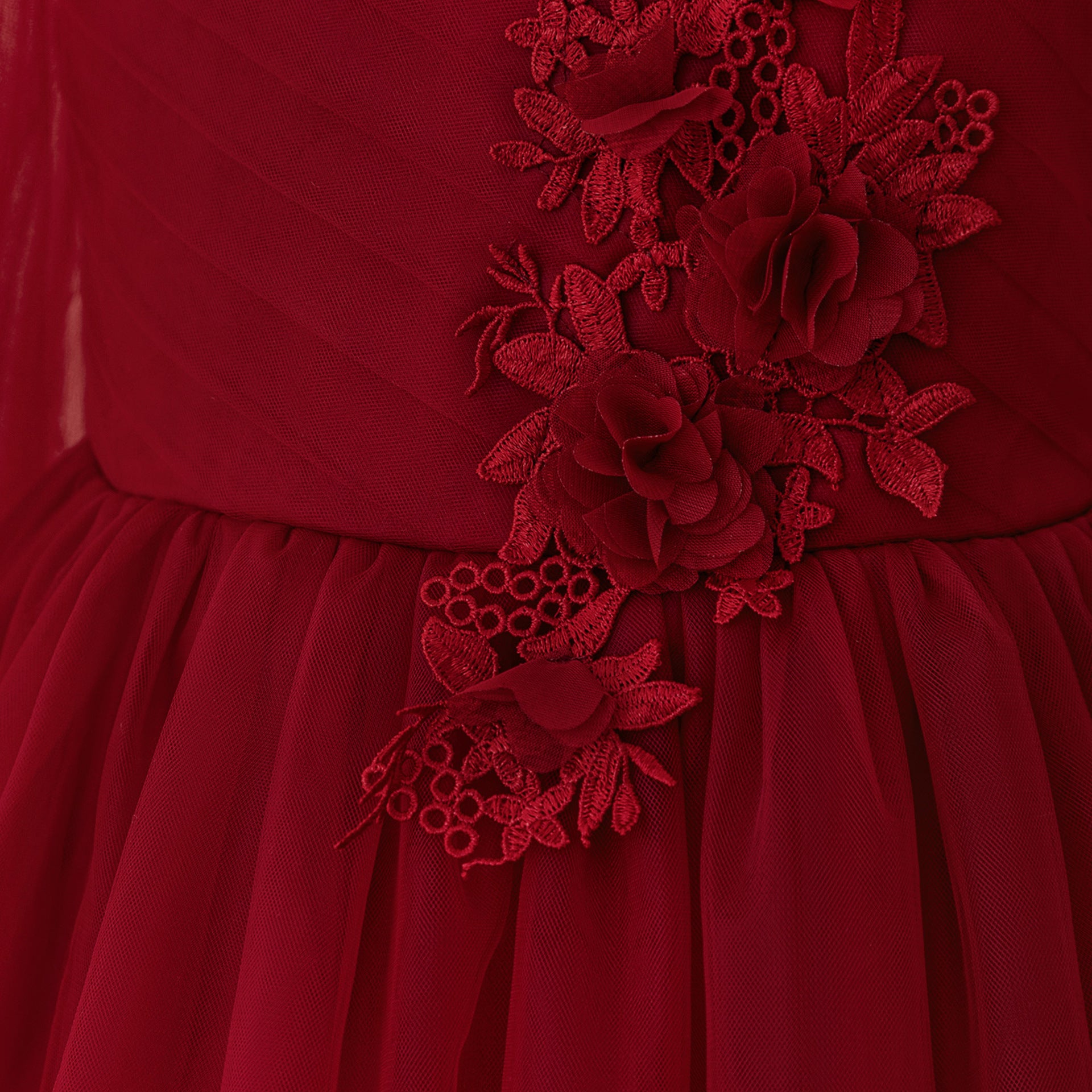 Burgundy Off-Shoulder Tulle Maxi Flower Girl Dress for Parties & Weddings