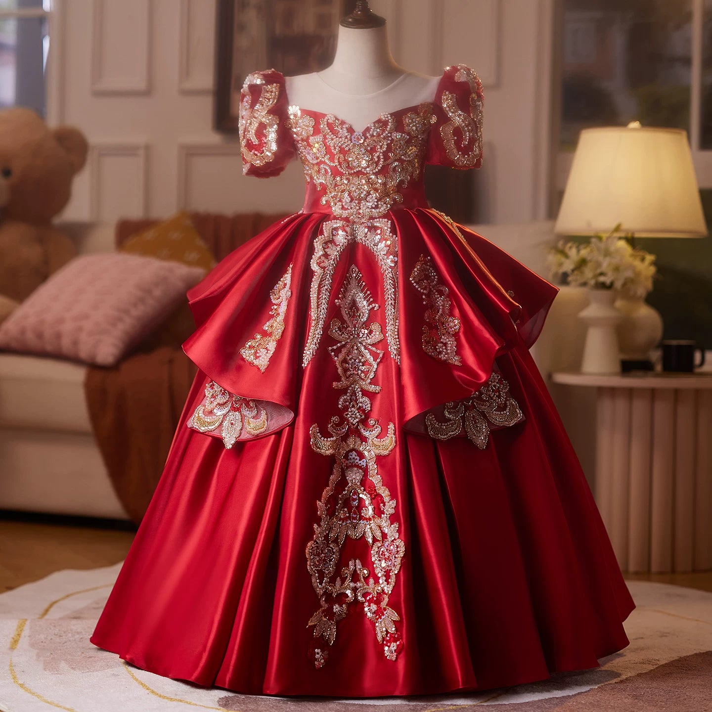 Burgundy Princess A-Line Maxi Dress for Girls | Sequined Tiered Flower Girl Gown