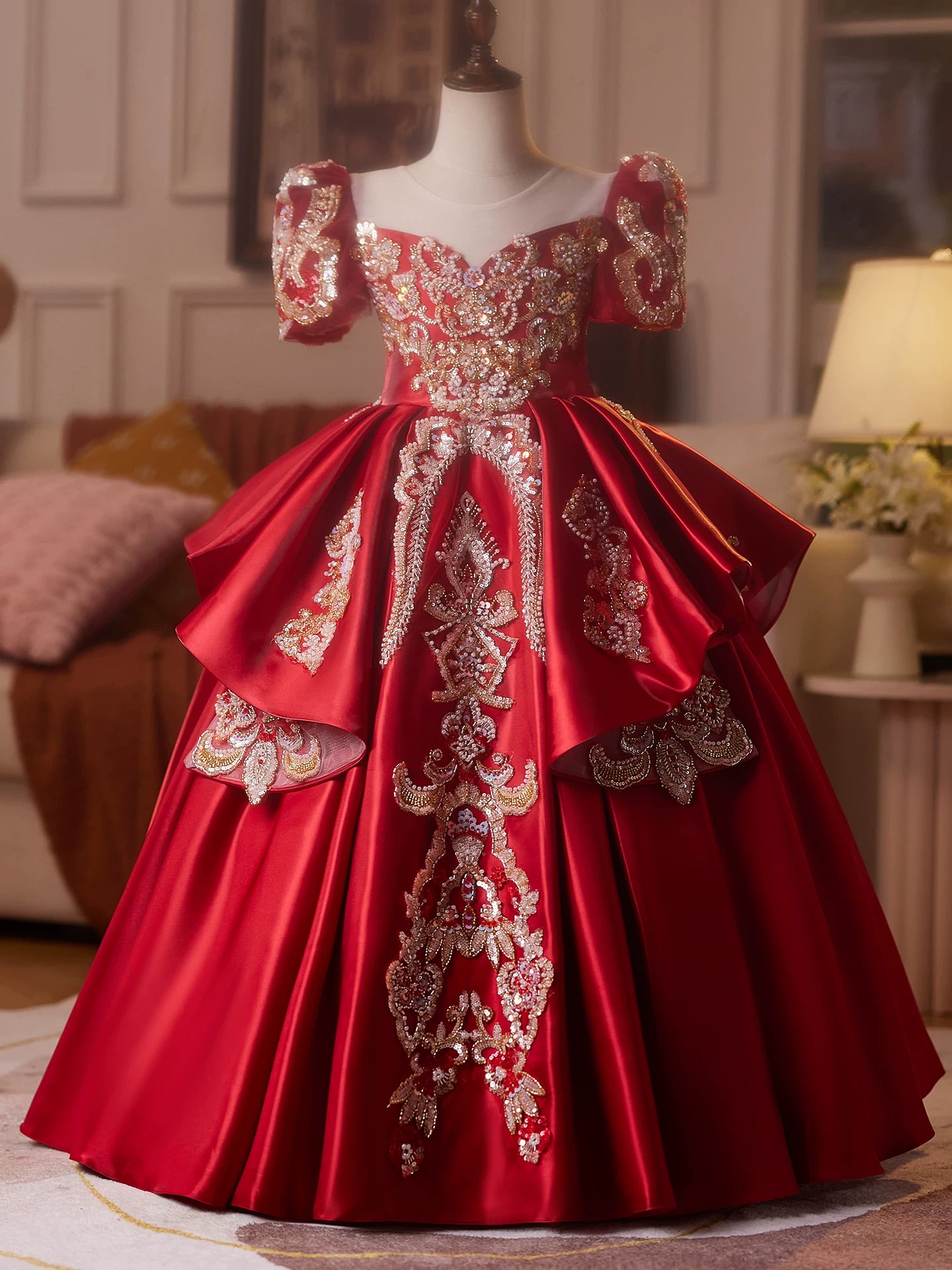 Burgundy Princess A-Line Maxi Dress for Girls | Sequined Tiered Flower Girl Gown