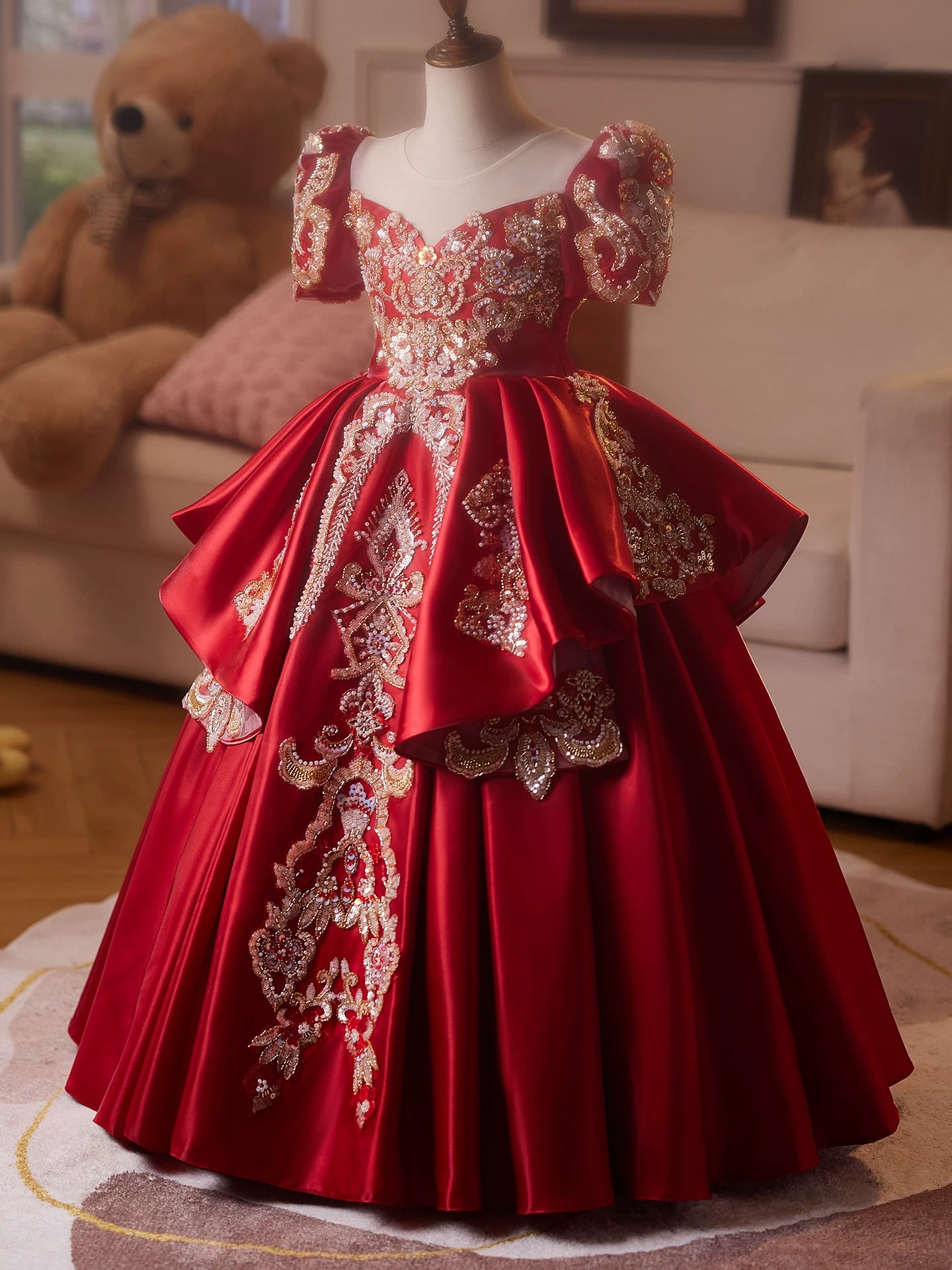 Burgundy Princess A-Line Maxi Dress for Girls | Sequined Tiered Flower Girl Gown
