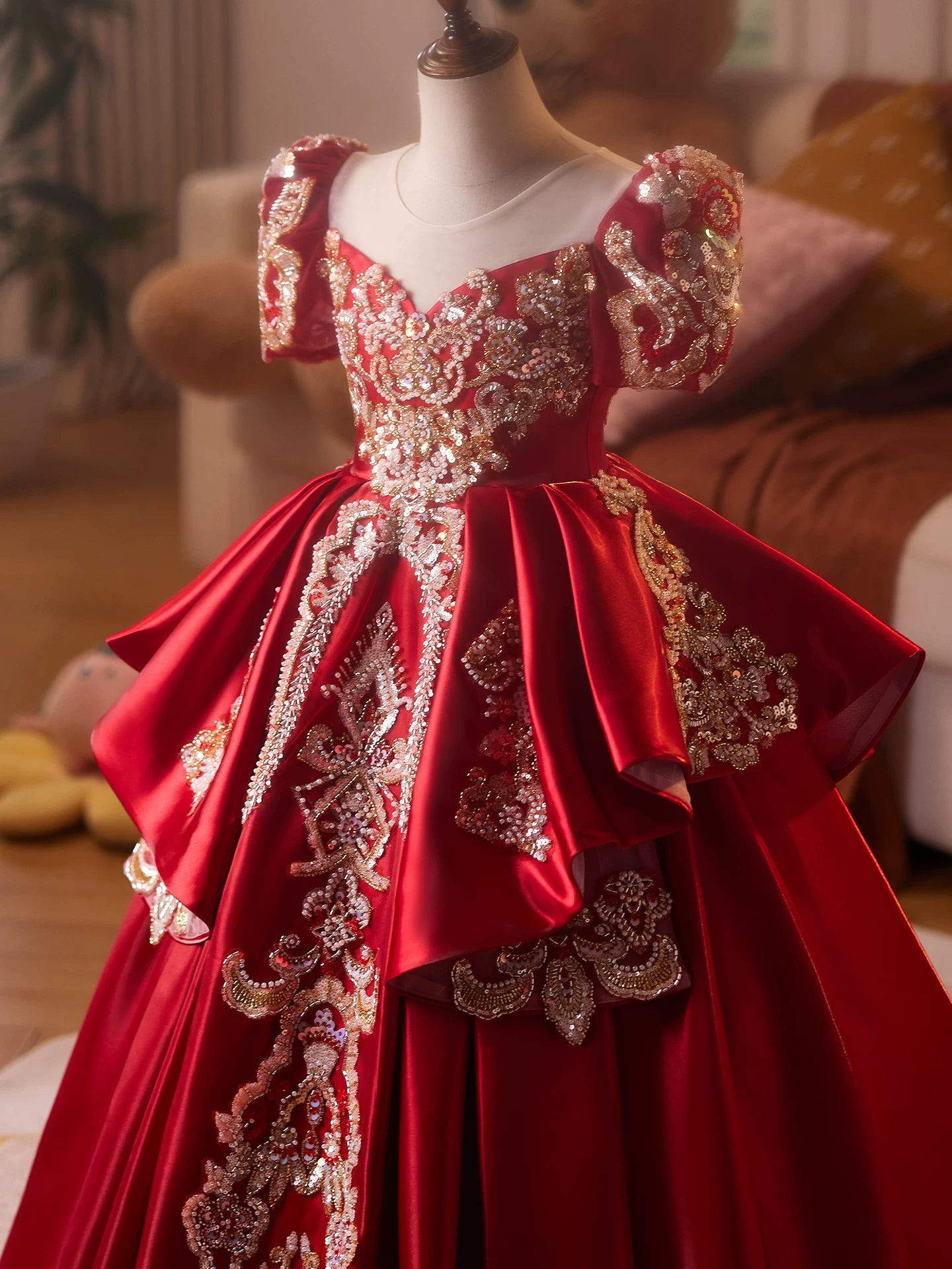 Burgundy Princess A-Line Maxi Dress for Girls | Sequined Tiered Flower Girl Gown
