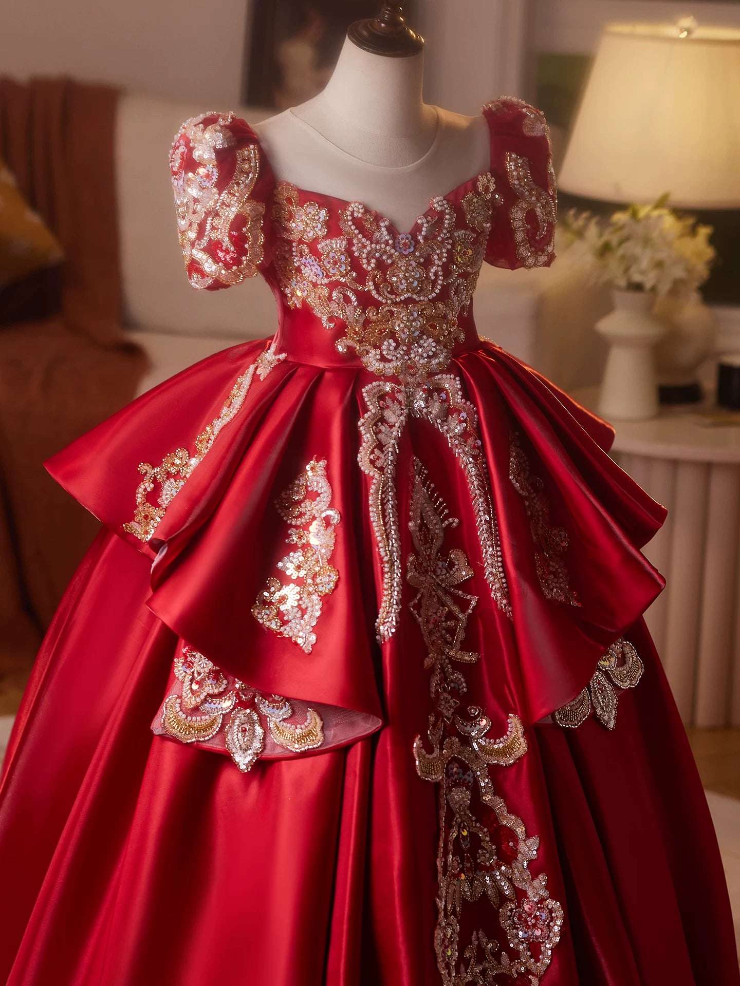 Burgundy Princess A-Line Maxi Dress for Girls | Sequined Tiered Flower Girl Gown