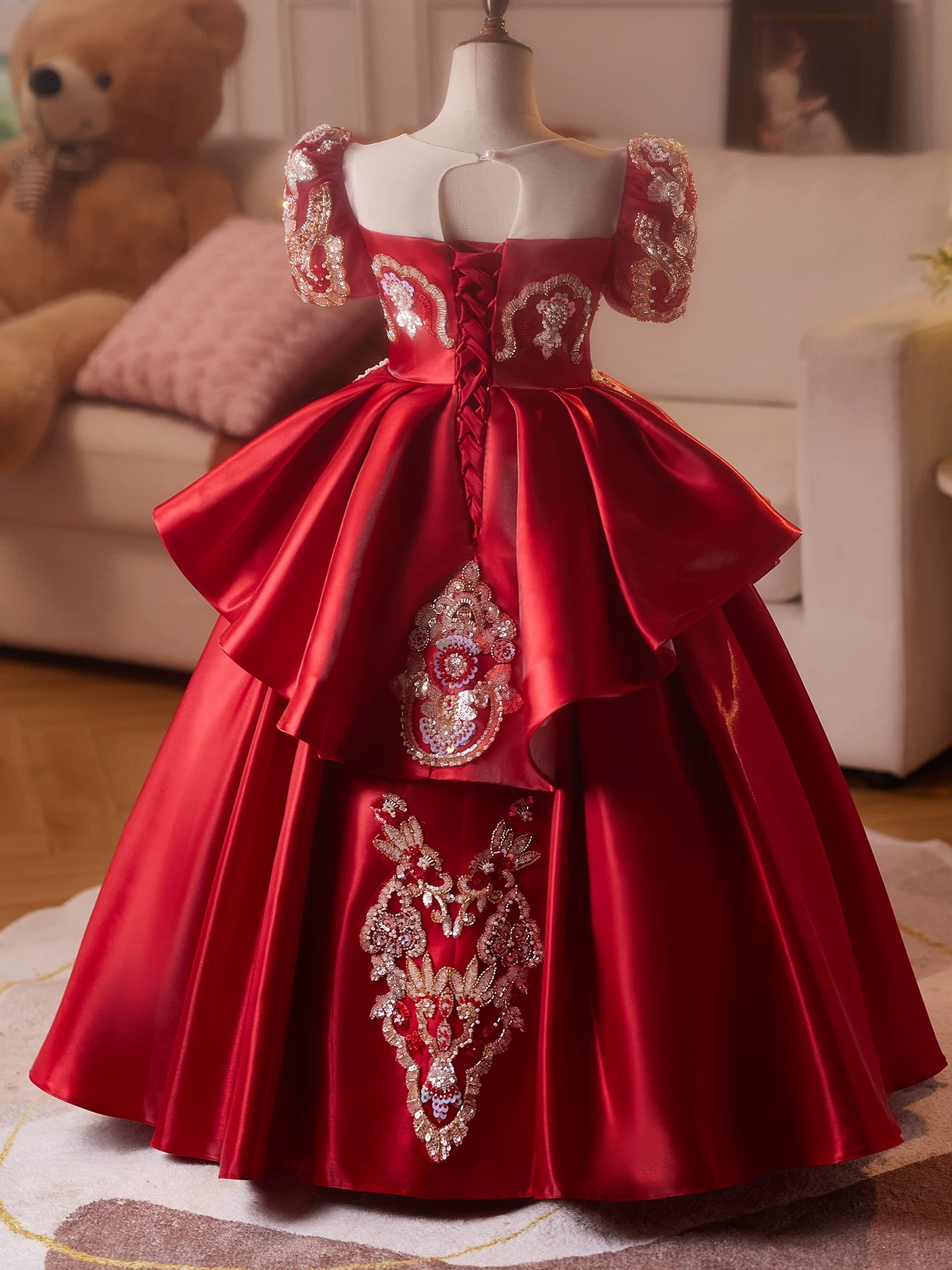 Burgundy Princess A-Line Maxi Dress for Girls | Sequined Tiered Flower Girl Gown