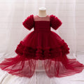 Burgundy Puffy Tulle High-Low Gown for Little Girls