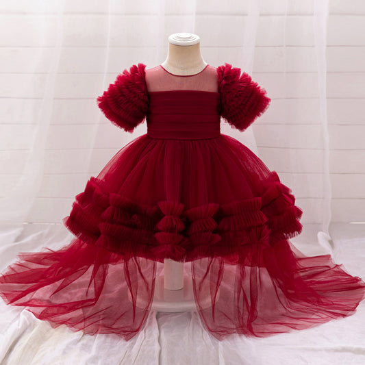 Burgundy Puffy Tulle High-Low Gown for Girls – Princess Party & Birthday Dress