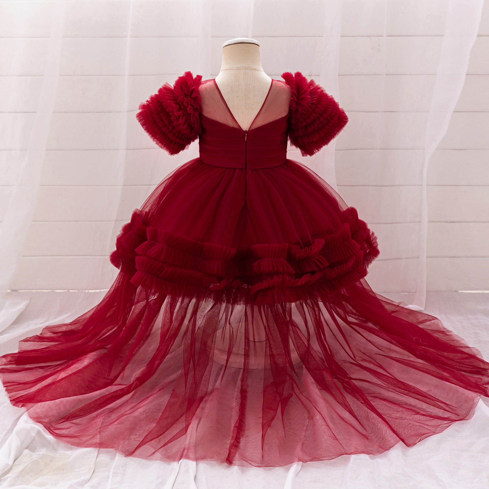 Burgundy Puffy Tulle High-Low Gown for Girls – Princess Party & Birthday Dress