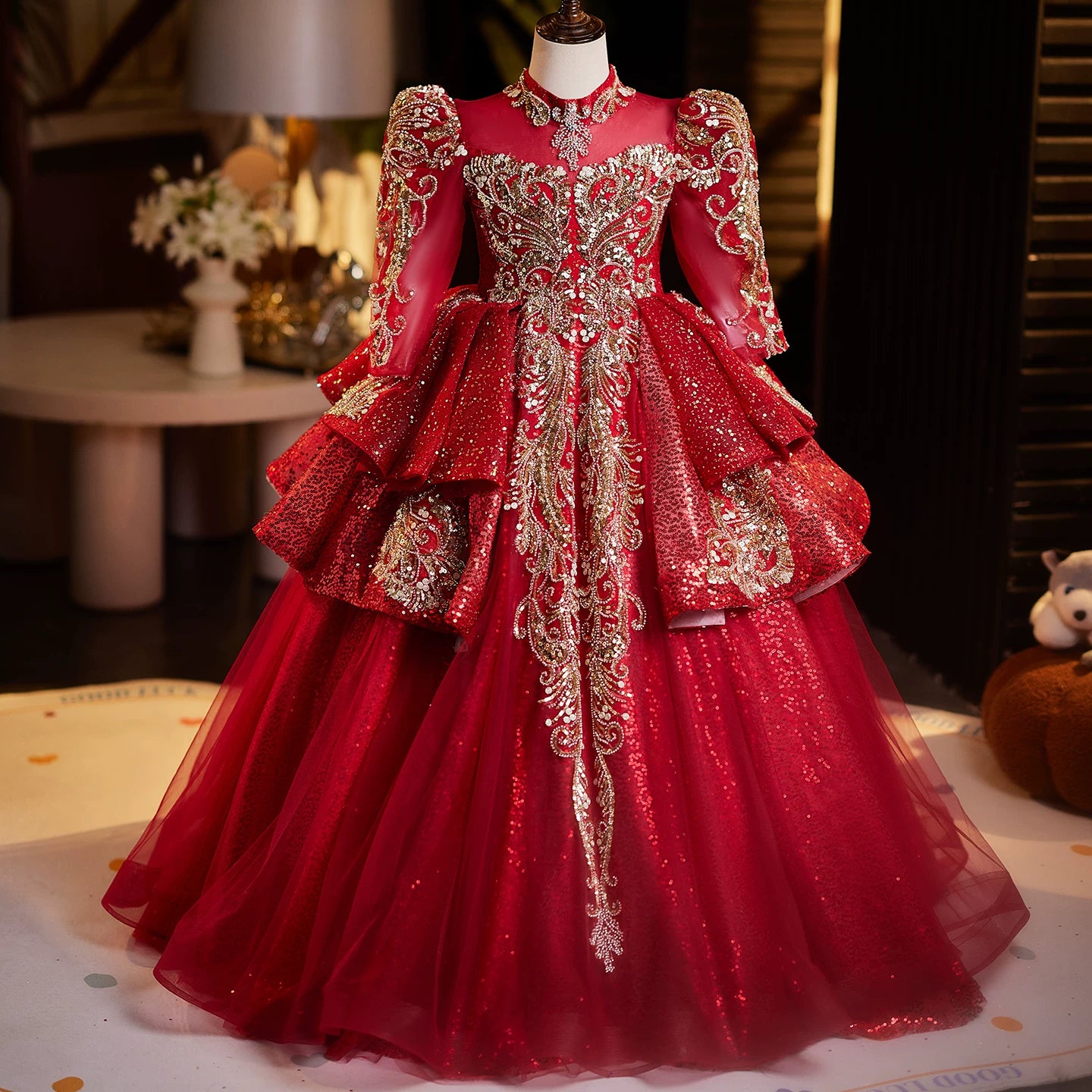 Burgundy Sequin Tiered Maxi Dress for Girls – Party & Wedding Princess Dress