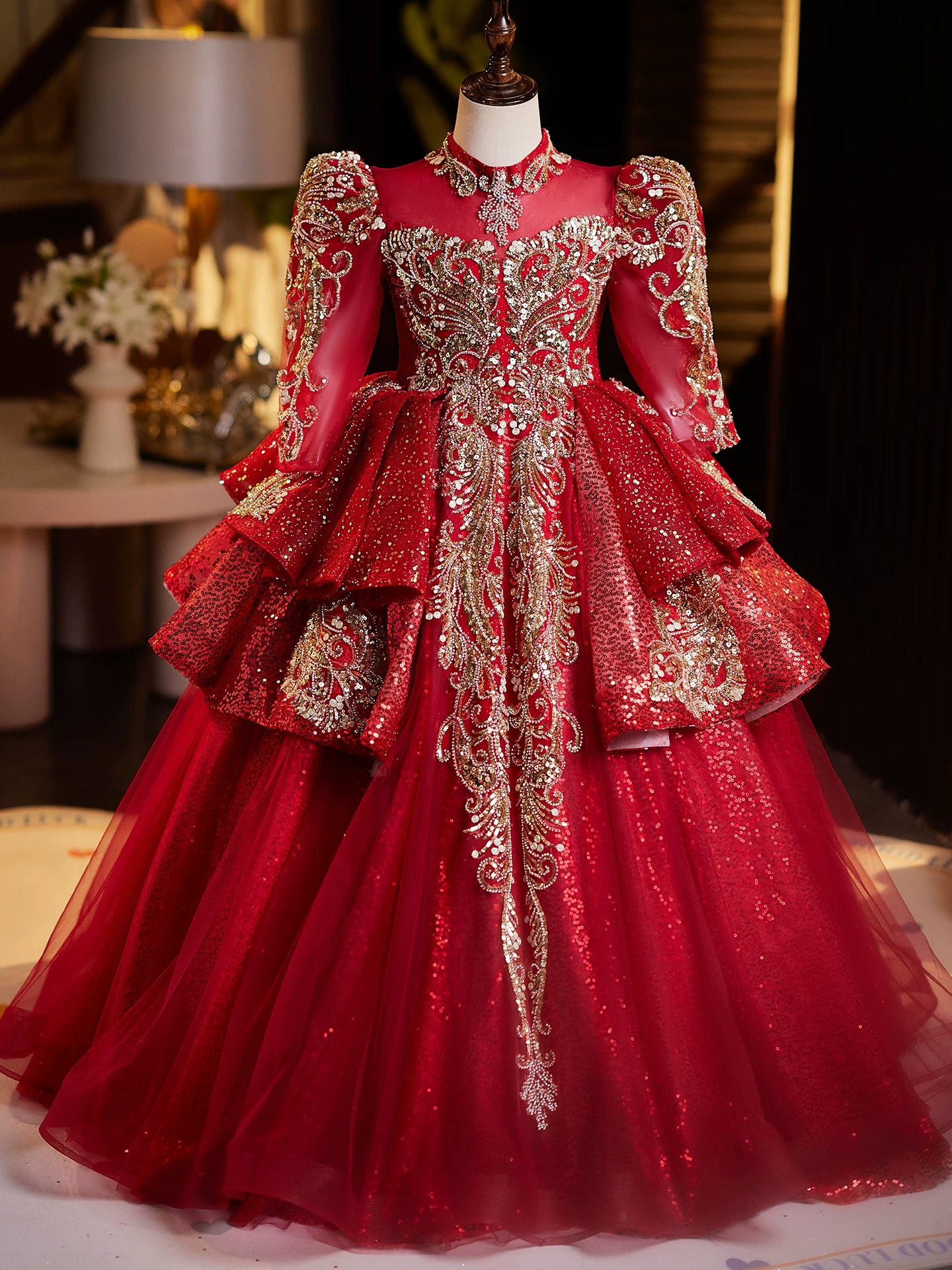 Burgundy Sequin Tiered Maxi Dress for Girls – Party & Wedding Princess Dress