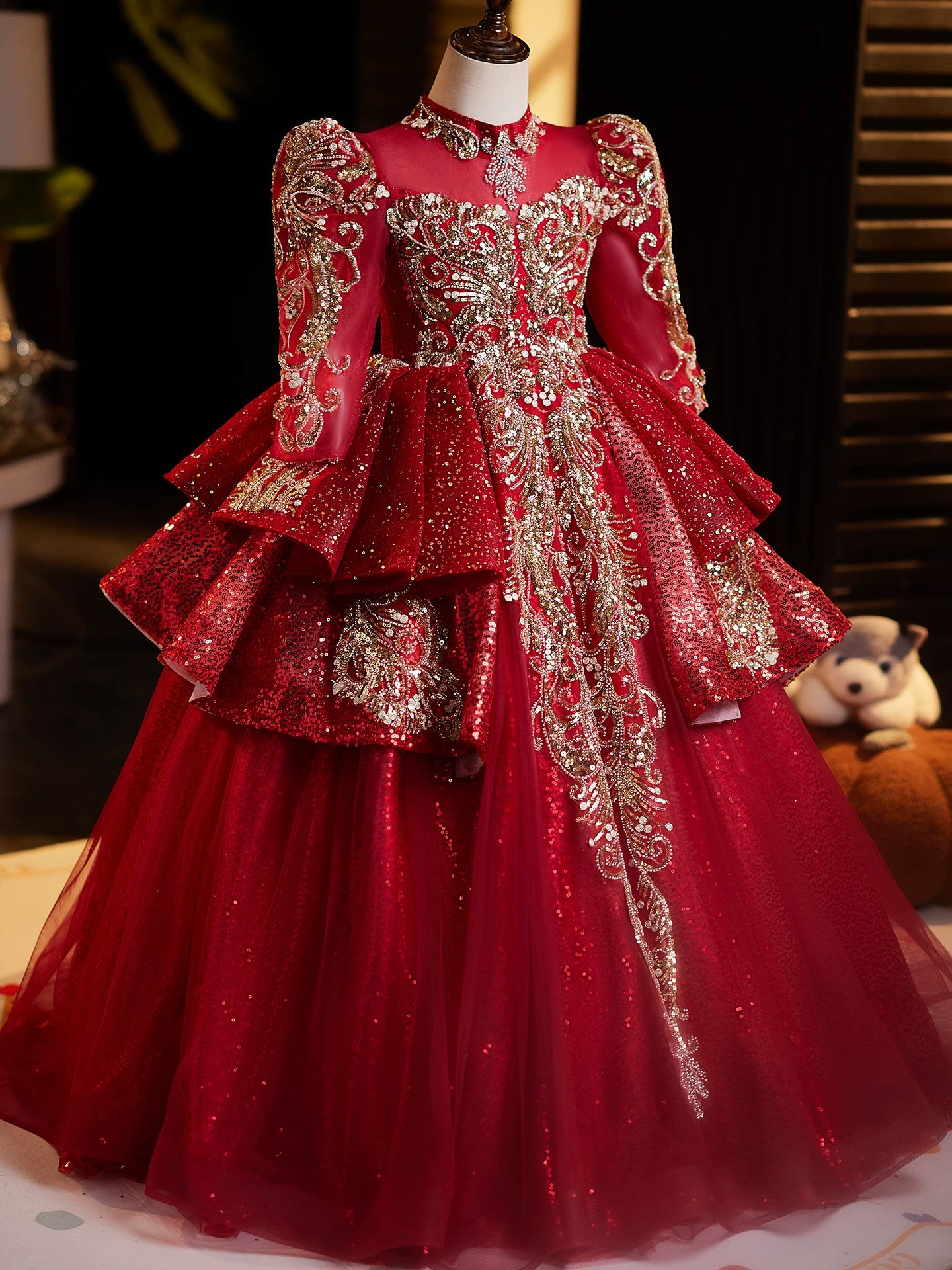 Burgundy Sequin Tiered Maxi Dress for Girls – Party & Wedding Princess Dress