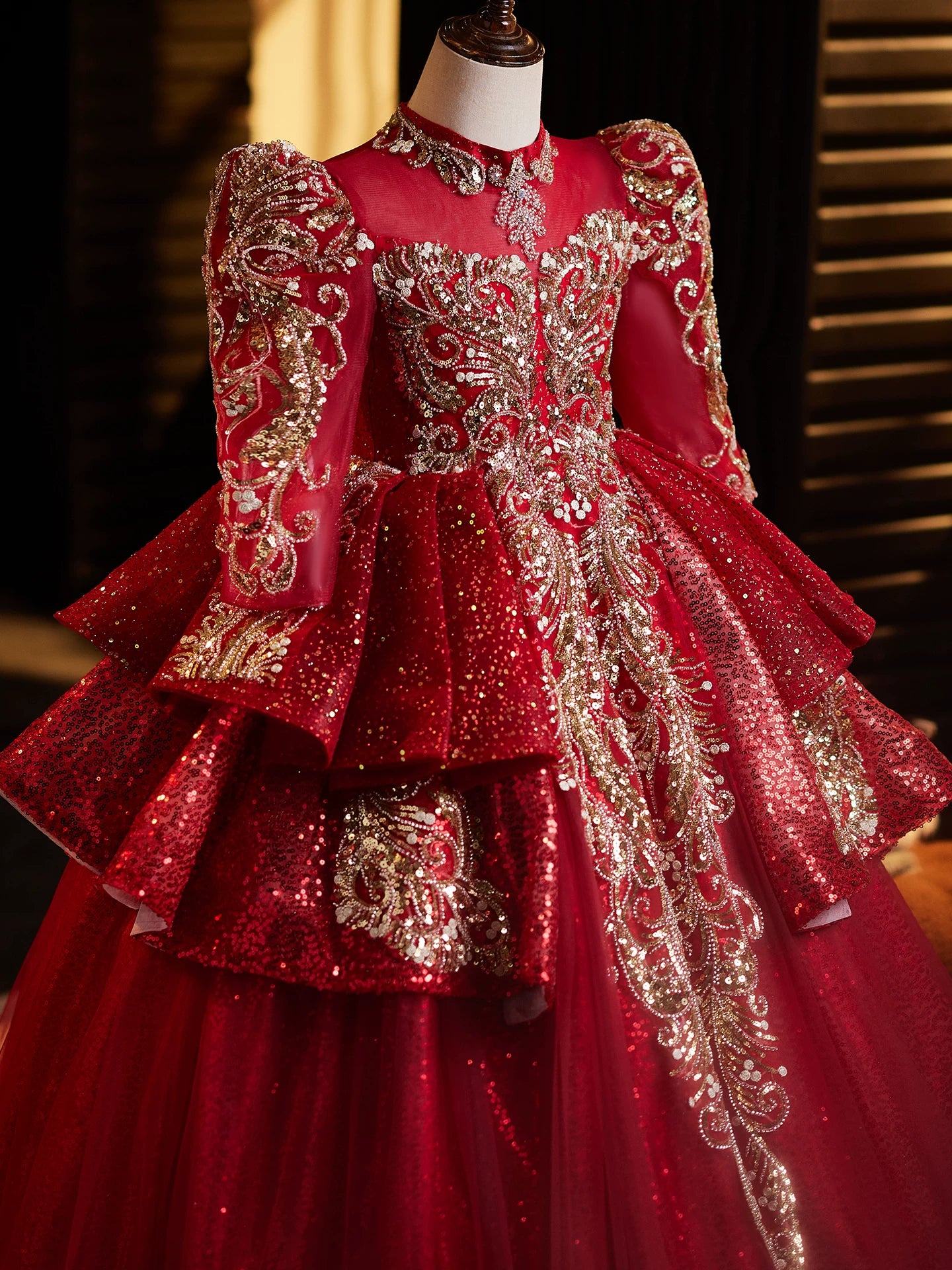 Burgundy Sequin Tiered Maxi Dress for Girls – Party & Wedding Princess Dress