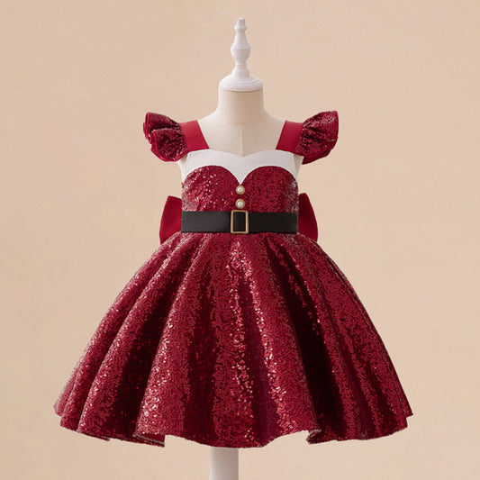 Burgundy Sequin A-Line Princess Dress with Bow for Girls (3-8Y)