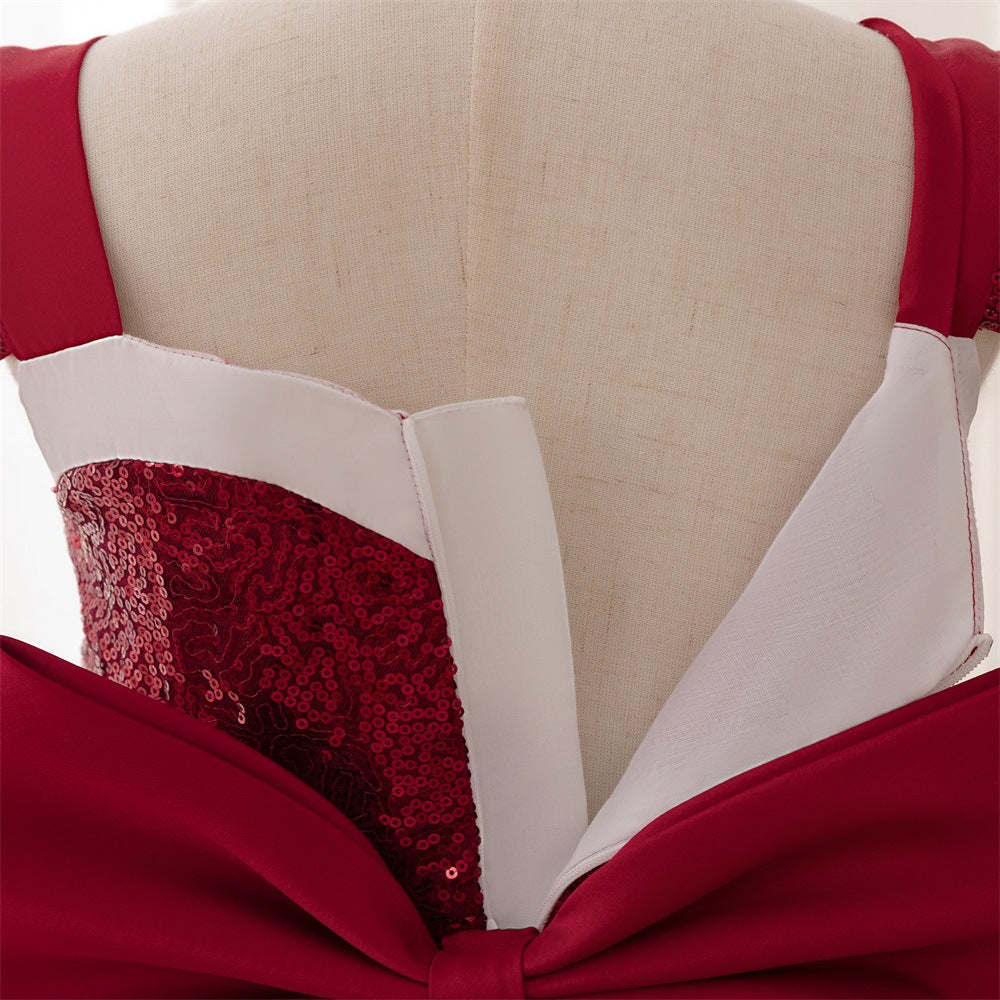 Burgundy Sequin A-Line Princess Dress with Bow for Girls (3-8Y)