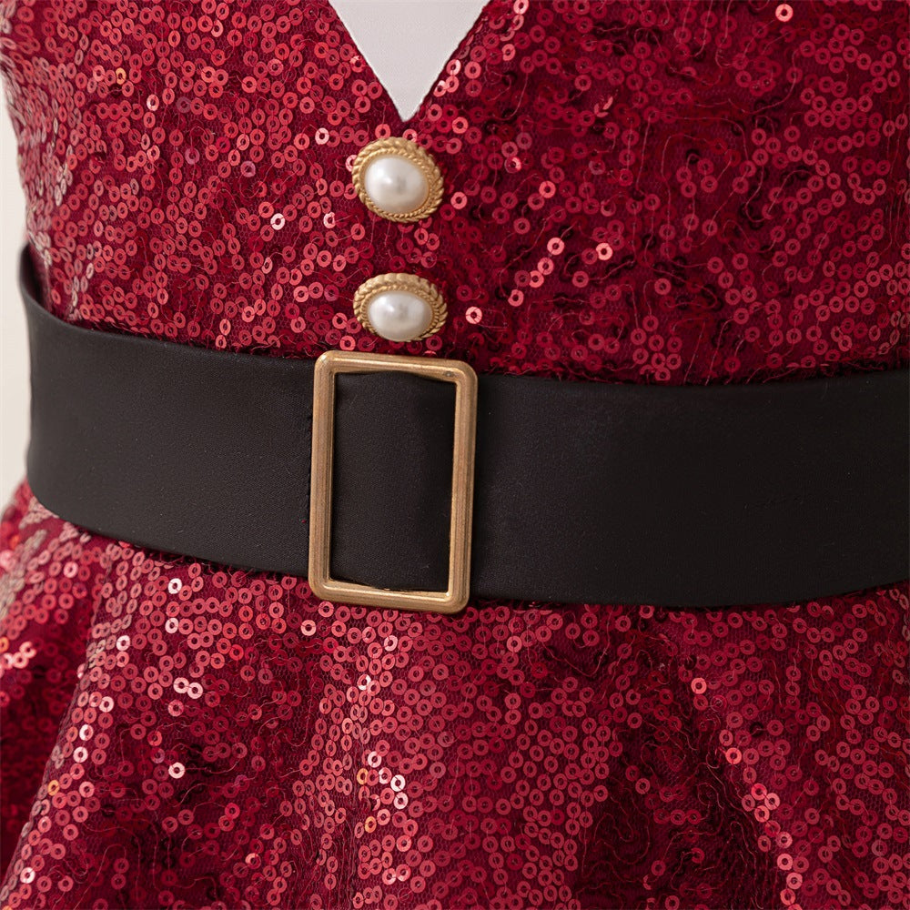 Burgundy Sequin A-Line Princess Dress with Bow for Girls (3-8Y)