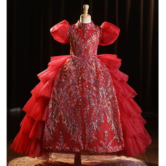 Burgundy Sequin Tiered Maxi Dress for Girls – Party & Flower Girl Gown