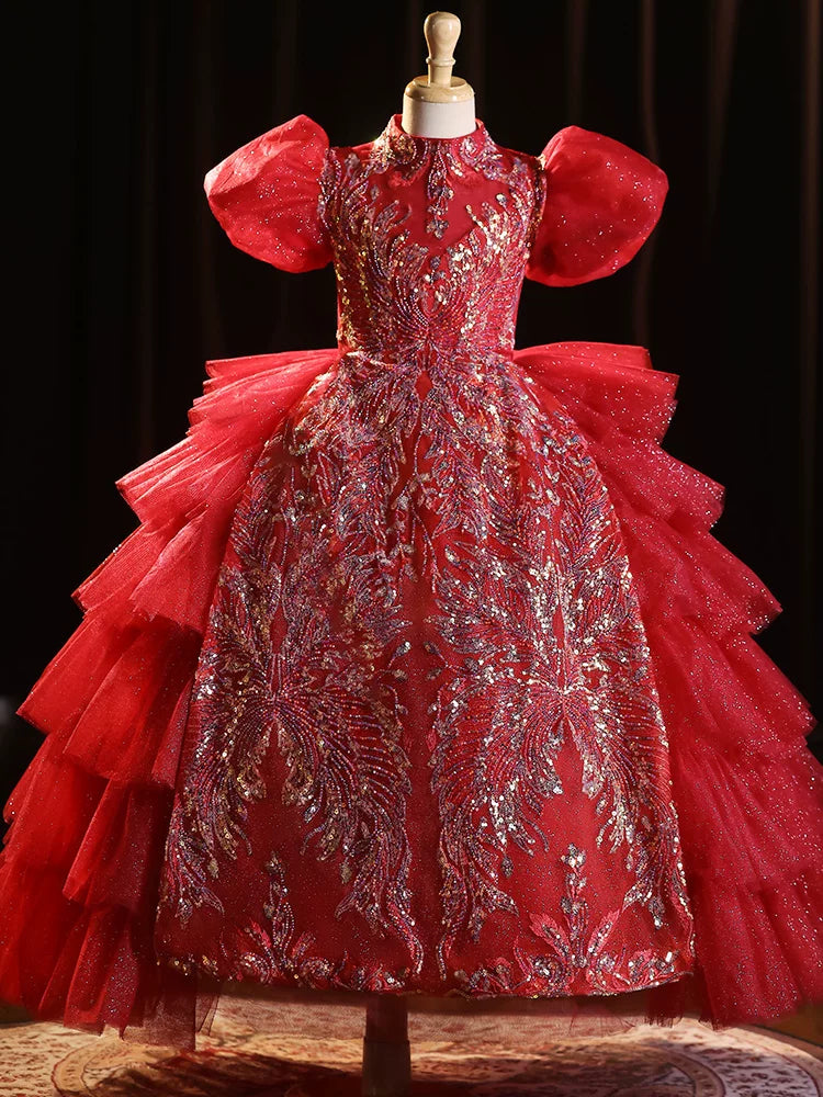 Burgundy Sequin Tiered Maxi Dress for Girls – Party & Flower Girl Gown