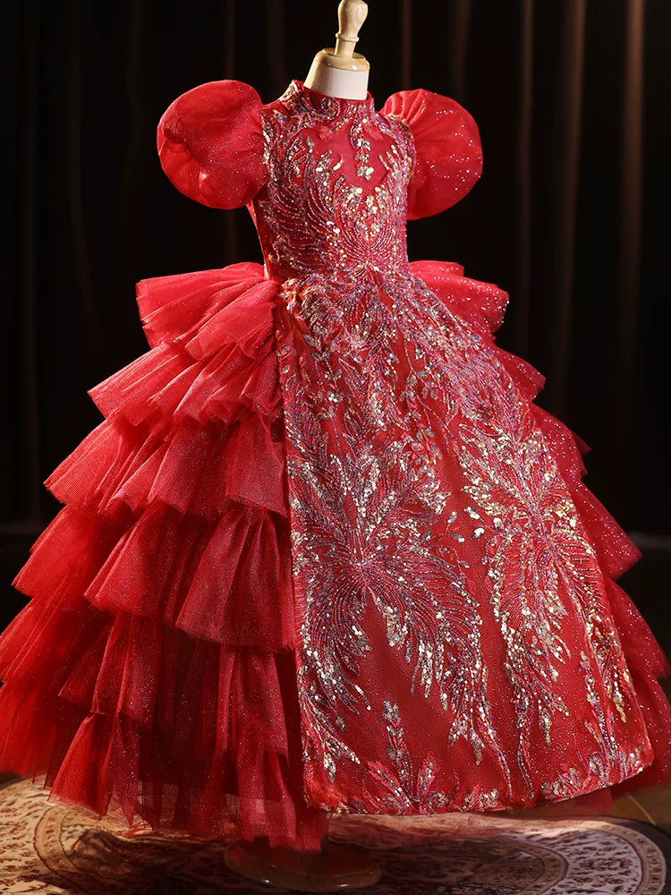 Burgundy Sequin Tiered Maxi Dress for Girls – Party & Flower Girl Gown