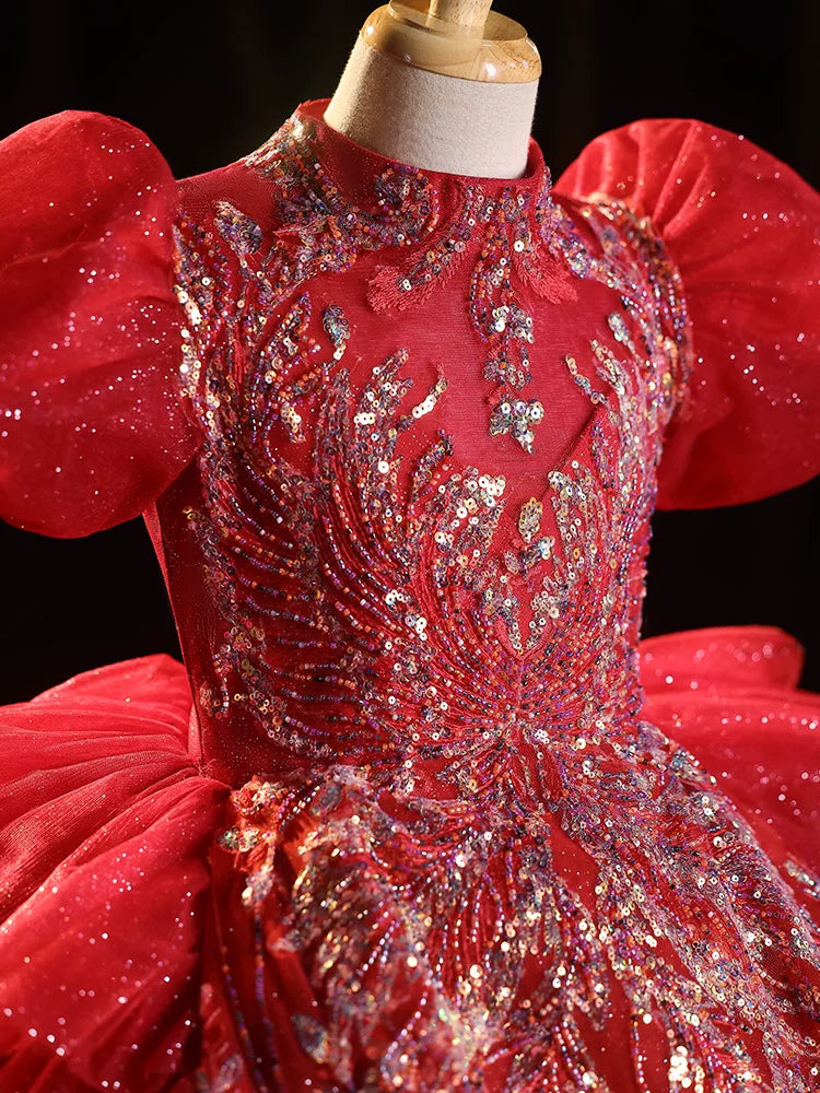 Burgundy Sequin Tiered Maxi Dress for Girls – Party & Flower Girl Gown