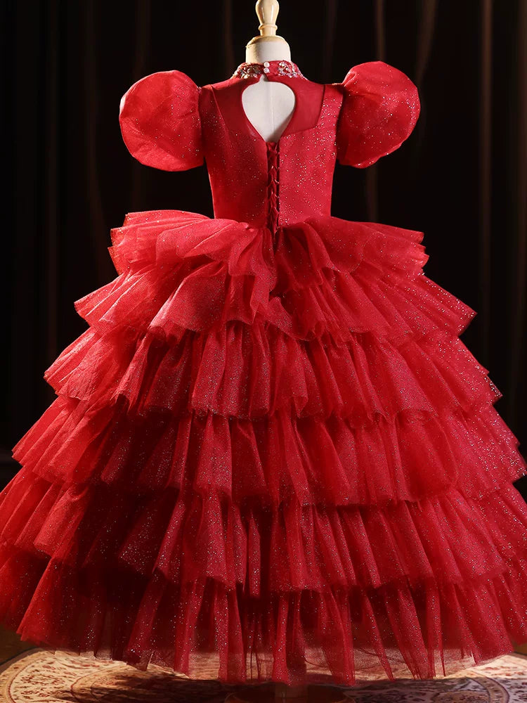 Burgundy Sequin Tiered Maxi Dress for Girls – Party & Flower Girl Gown