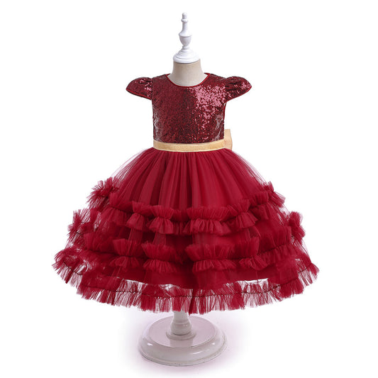 Burgundy Sequin Tulle Princess Dress for Girls – Party & Formal Wear