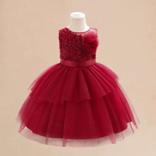 Burgundy A-line Tulle Flower Girl Dress with Tiered Skirt for Toddlers