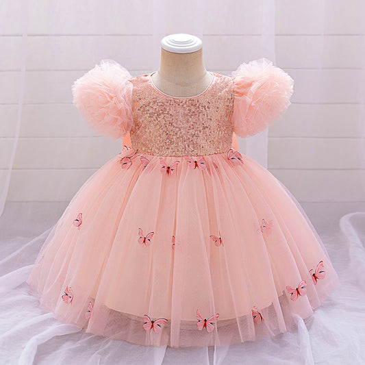 Purple Puffy Princess Dress with Butterfly Appliques for Little Girls