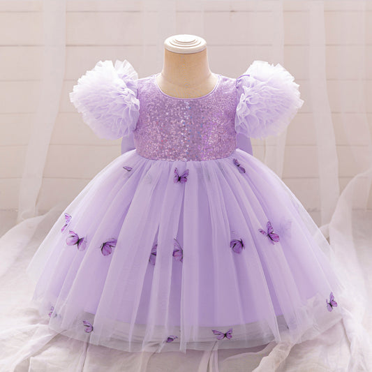 Purple Puffy Princess Dress with Butterfly Appliques for Little Girls