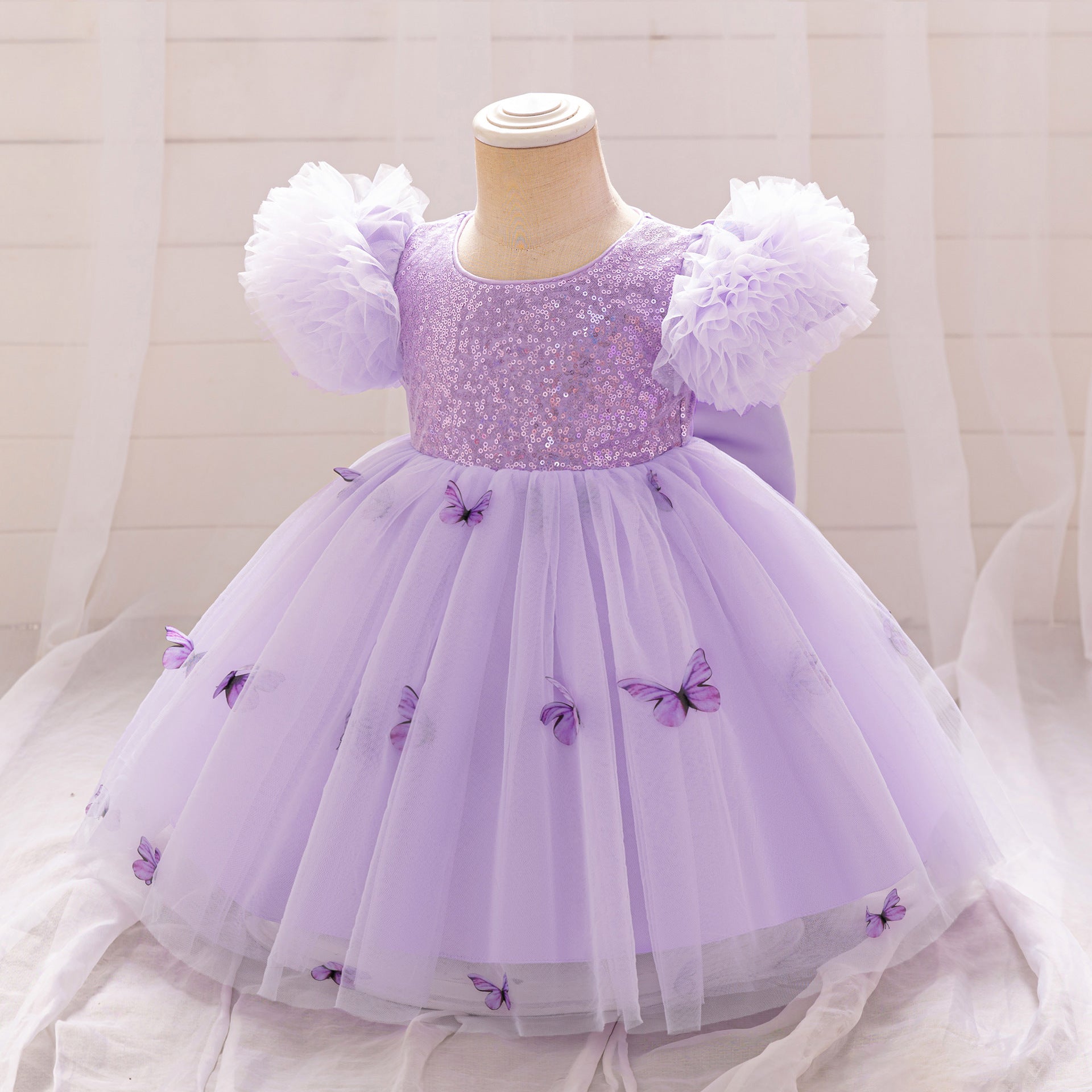 Purple Puffy Princess Dress with Butterfly Appliques for Little Girls