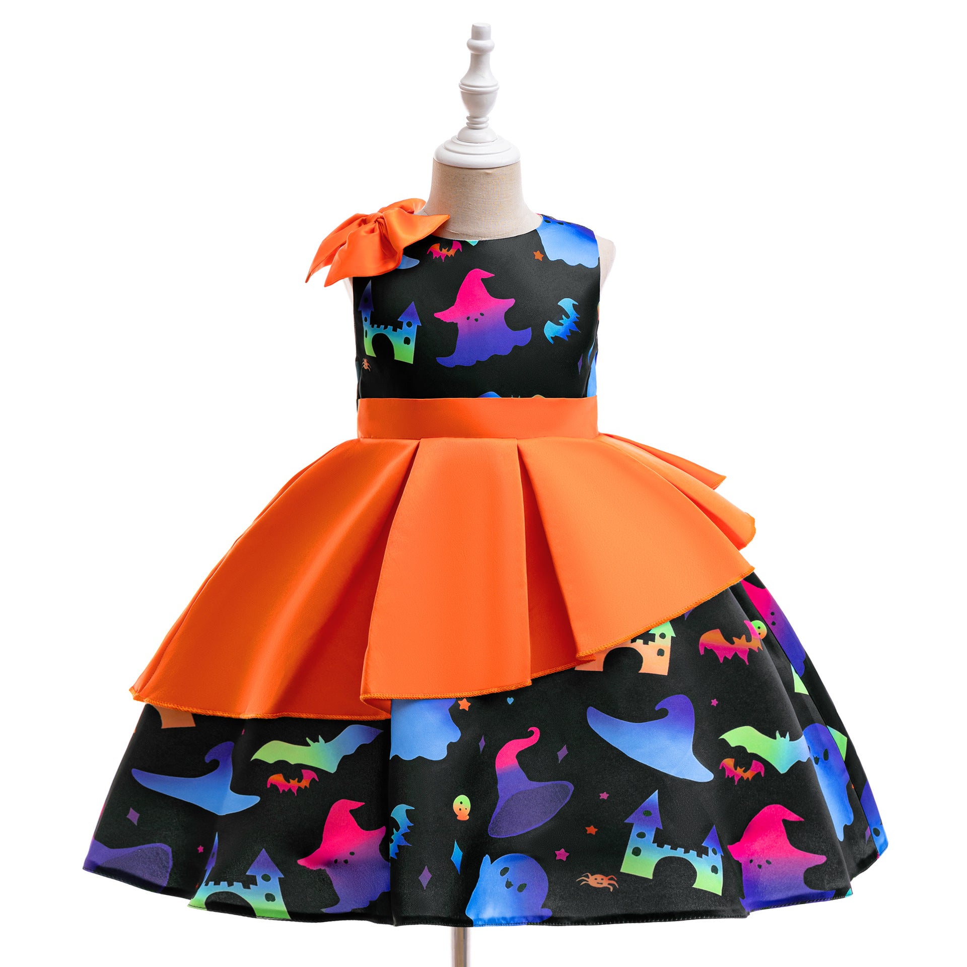 Girls' Cartoon Bat & Ghost Puffy Ball Gown – Orange Tea Length Halloween Dress