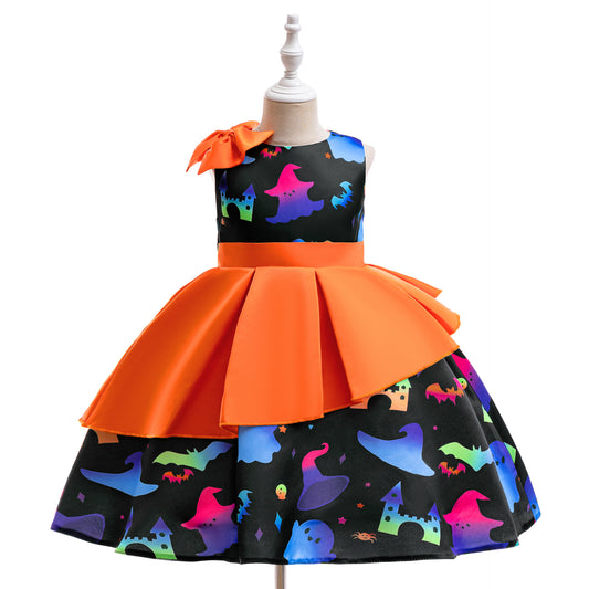 Girls' Cartoon Bat & Ghost Puffy Ball Gown – Orange Tea Length Halloween Dress