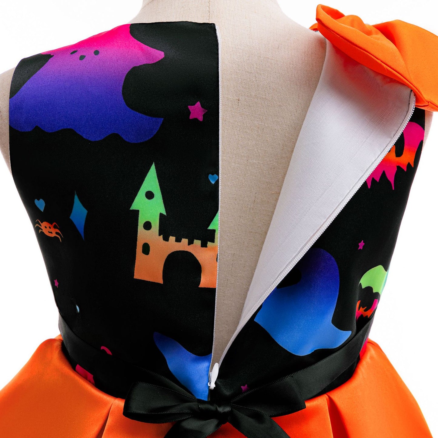 Girls' Cartoon Bat & Ghost Puffy Ball Gown – Orange Tea Length Halloween Dress