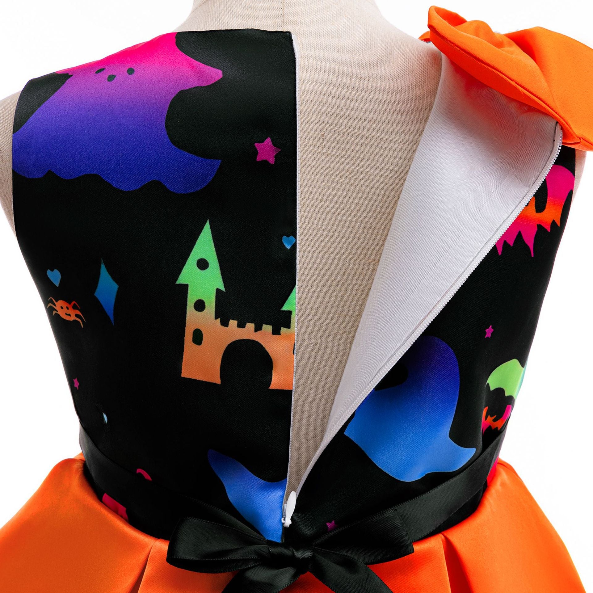 Girls' Cartoon Bat & Ghost Puffy Ball Gown – Orange Tea Length Halloween Dress