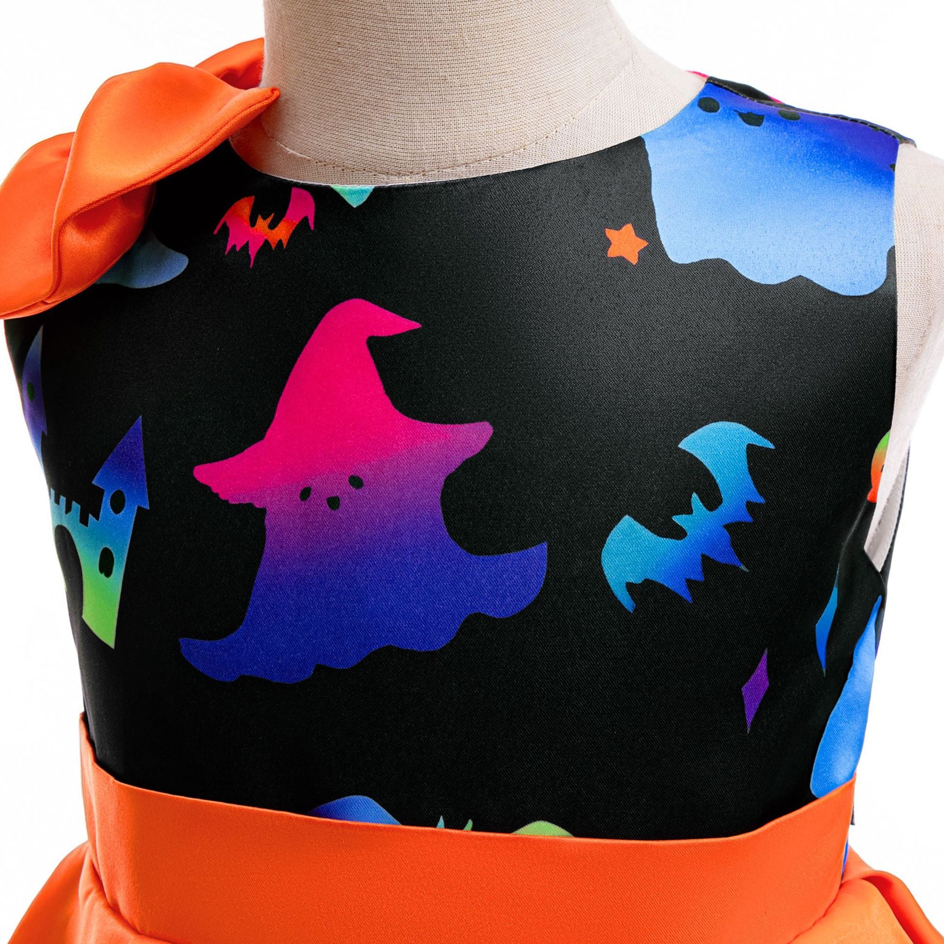 Girls' Cartoon Bat & Ghost Puffy Ball Gown – Orange Tea Length Halloween Dress
